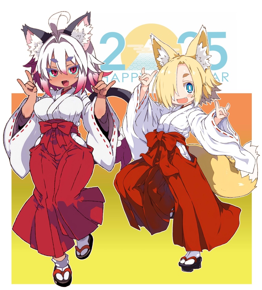 2025, 2girls, ahoge, animal_ear_fluff, animal_ears, blonde_hair, blue_eyes, blush