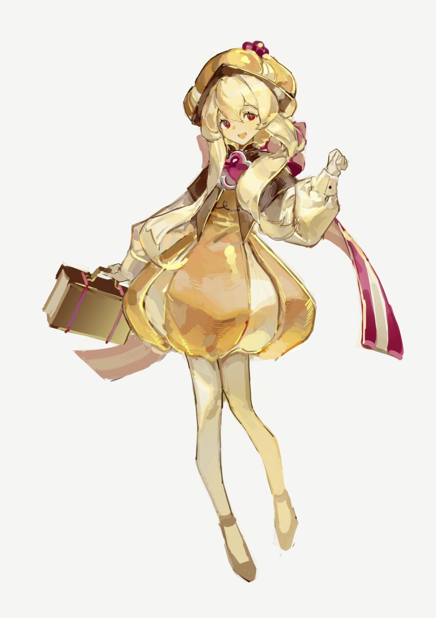 1girl, black_shoes, blonde_hair, brooch, bubble_skirt, caramel_choux_cookie, cookie_run, cookie_run:_kingdom