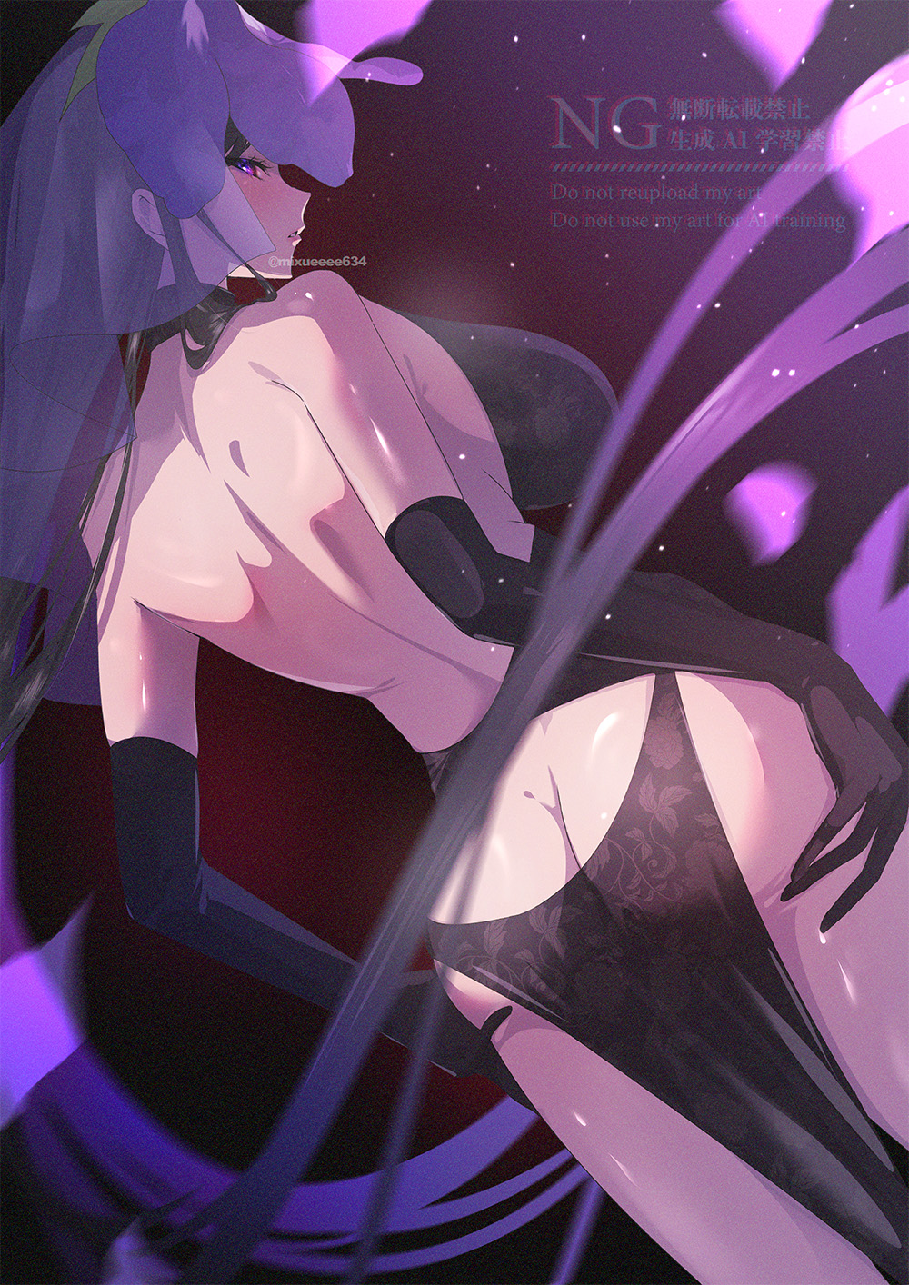 ass, back, bare_back, bare_shoulders, black_dress, black_gloves, black_hair, breasts