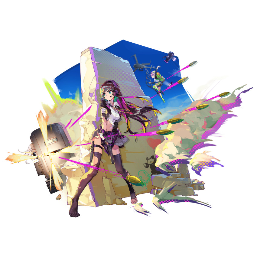 3girls, aircraft, ballistic_shield, bandaged_arm, bandages, black_hair, black_jacket, black_skirt