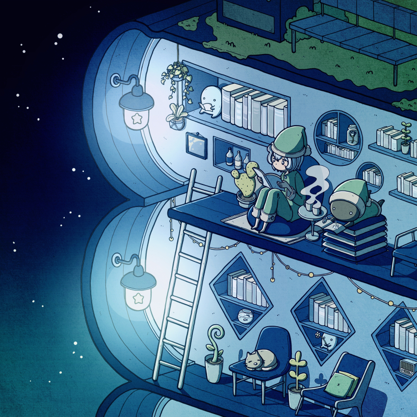 1girl, absurdres, blue_hair, book, bottle, cactus, cat, chair