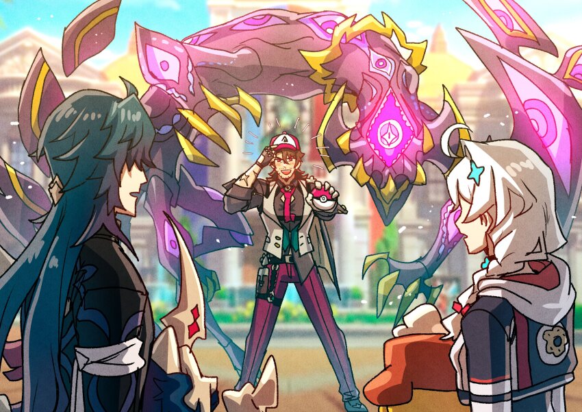 1girl, 2boys, absurdres, ahoge, ash_ketchum_(cosplay), baseball_cap, black_jacket, black_shirt, blade_(honkai:_star_rail), blue_hair, commentary, cosplay, creature, gallagher_(honkai:_star_rail), grey_vest, hair_ornament, hat, highres, holding, holding_poke_ball, honkai:_nexus_anima, honkai:_star_rail, honkai_(series), hood, hooded_jacket, jacket, kiana_kaslana, kiana_kaslana_(honkai:_nexus_anima), long_hair, multiple_boys, nintendo, oneirio, outdoors, pants, poke_ball, pokemon, puddlipup_(honkai:_nexus_anima), purple_pants, shirt, something_unto_death_(honkai:_star_rail), standing, upper_body, very_long_hair, vest, white_hair