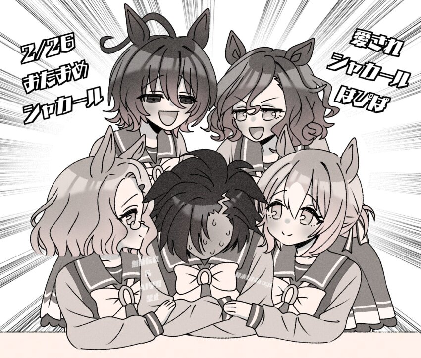 5girls, :d, agnes_tachyon_(umamusume), ahoge, air_messiah_(umamusume), air_shakur_(umamusume), animal_ears, bow