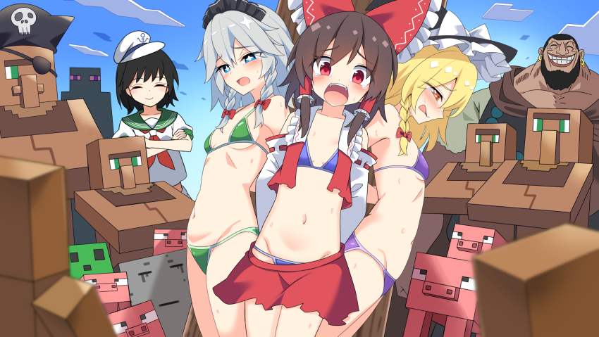 4girls, alternate_costume, alternate_headwear, anchor_symbol, arms_behind_back, bikini, bikini_under_clothes, bikini_under_skirt