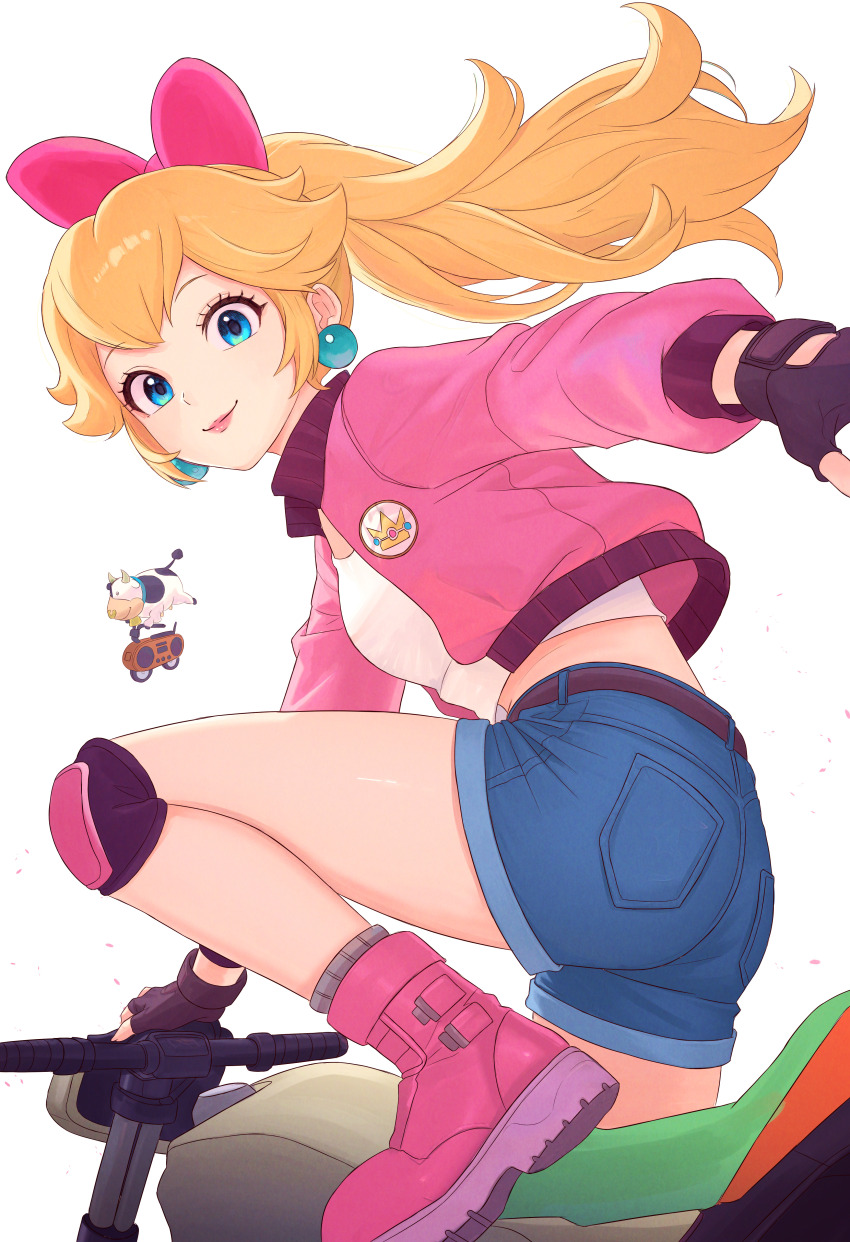 1girl, absurdres, ass, belt, blonde_hair, blue_eyes, blue_shorts, boots