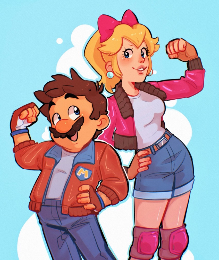 1boy, 1girl, blonde_hair, brown_hair, commentary, couple, english_commentary, facial_hair, highres, jacket, looking_at_another, mario, mario_(series), mario_(touring), mario_kart, mario_kart_world, nintendo, noodles-and-tea, open_clothes, open_jacket, ponytail, princess_peach, princess_peach_(touring), shorts, tall_female