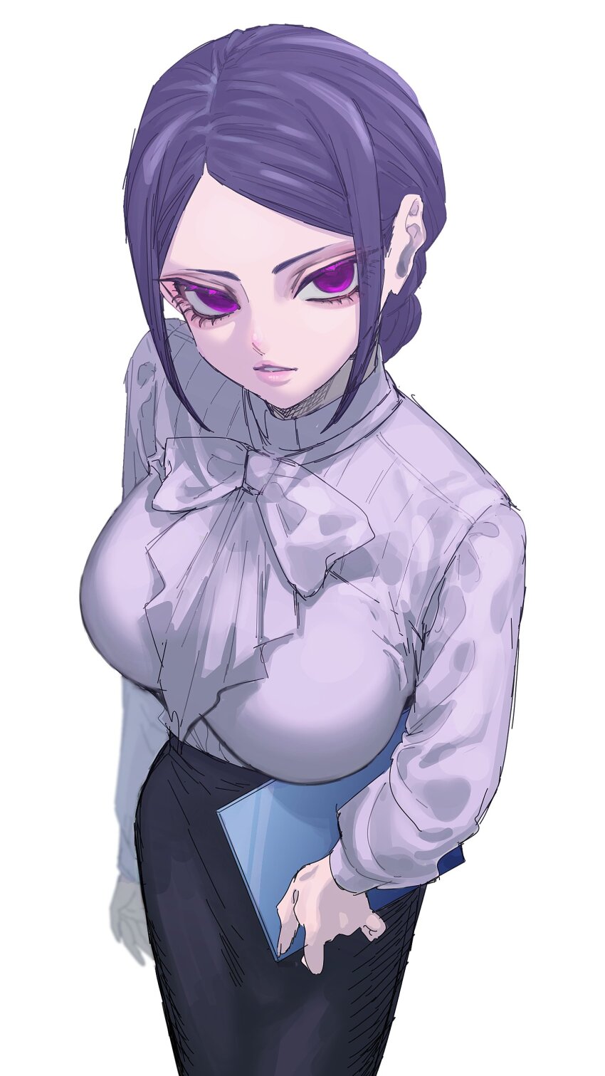 1girl, absurdres, arm_at_side, black_hair, black_skirt, bow, bowtie, breasts