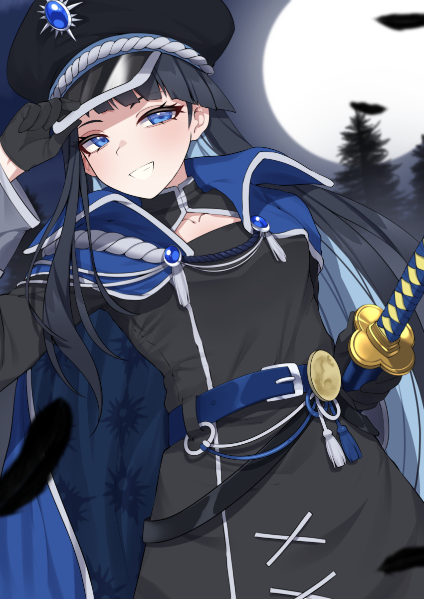 1girl, belt, black_dress, black_feathers, black_gloves, black_hair, blue_belt, blue_cape, blue_eyes, bond_en, bondlive, cape, collarbone, colored_inner_hair, dress, erebus_grey, feathers, full_moon, gloves, grey_hair, hand_on_headwear, hat, highres, katana, moon, multicolored_hair, night, peaked_cap, sheath, sheathed, sky, smile, solo, sword, tassel, valefal_coneri, weapon