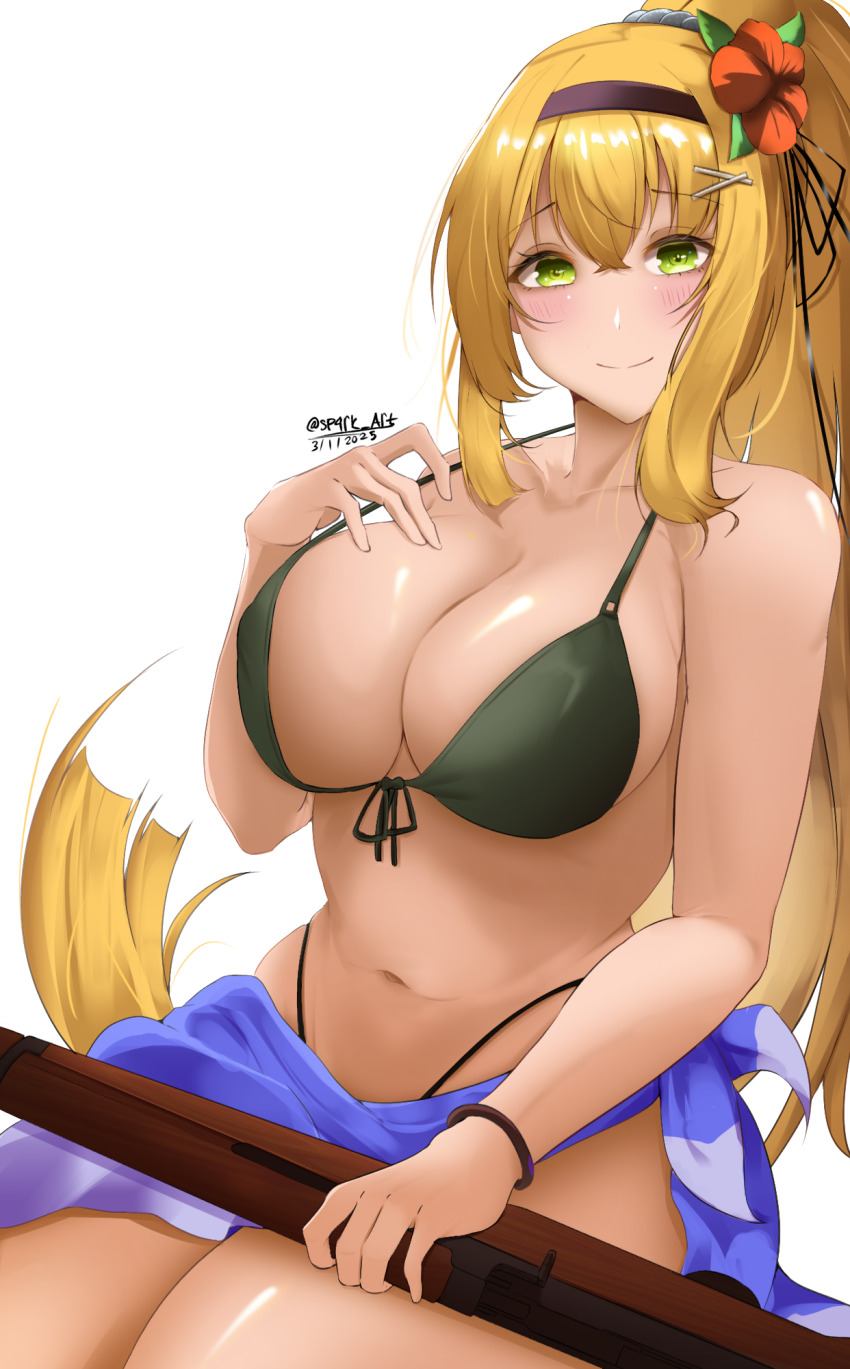 1girl, bare_shoulders, bikini, blonde_hair, blush, bolt_action, bracelet, breasts