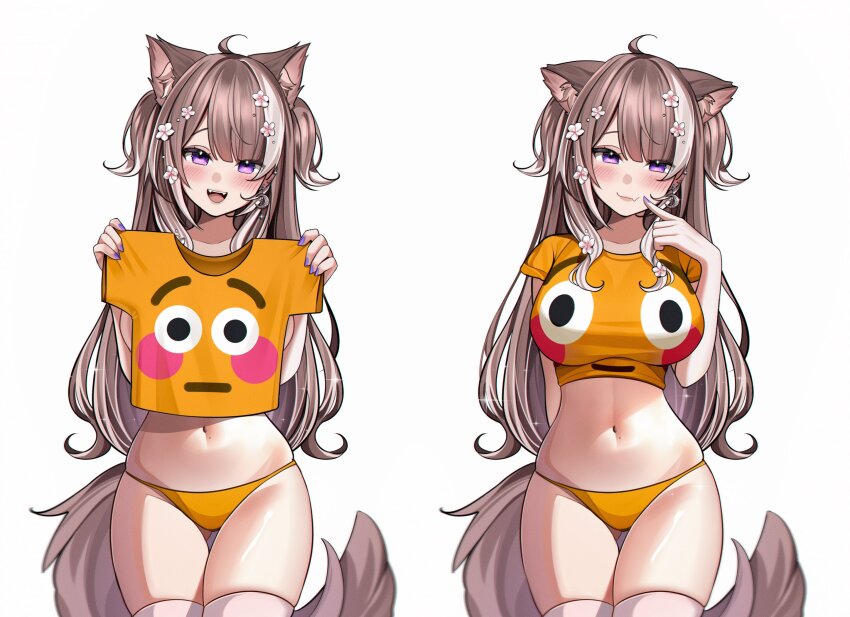 1girl, :d, ahoge, animal_ear_fluff, animal_ears, blush, breasts, brown_hair, clothes_in_front, commentary, cowboy_shot, earrings, extra_ears, fang, fang_out, fangs, finger_to_mouth, flower, flushed_face_emoji_shirt_(meme), gluteal_fold, hair_flower, hair_ornament, harunaki, highres, indie_virtual_youtuber, jewelry, large_breasts, long_hair, looking_at_viewer, meme, midriff, multicolored_hair, multiple_views, navel, no_pants, open_mouth, orange_panties, orange_shirt, panties, purple_eyes, sakurai_hana, shirt, short_sleeves, simple_background, single_earring, smile, streaked_hair, untranslatable_commentary, tail, taut_clothes, taut_shirt, thigh_gap, thighhighs, two-tone_hair, underwear, virtual_youtuber, white_background, white_hair, white_thighhighs