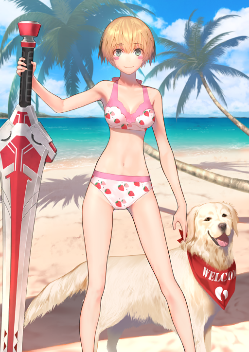 1girl, aned_(fate), animal, arm_at_side, bare_arms, bare_legs, bare_shoulders, beach, bikini, blonde_hair, blue_sky, blush_stickers, breasts, breasts_apart, closed_mouth, cloud, cloudy_sky, dog, fate/grand_order, fate_(series), feet_out_of_frame, food_print, fruit_print, game_cg, gareth_(fate), gareth_(swimsuit_saber)_(fate), gareth_(swimsuit_saber)_(second_ascension)_(fate), golden_retriever, green_eyes, groin, hand_on_hilt, hand_up, horizon, huge_weapon, legs_apart, looking_at_viewer, medium_breasts, navel, nekotawawa, ocean, official_art, palm_tree, pink_bikini, planted, planted_sword, planted_weapon, print_bikini, robigus_ironside, sand, short_hair, sky, smile, solo, standing, stomach, strawberry_print, swimsuit, sword, third-party_source, tree, weapon, white_bikini