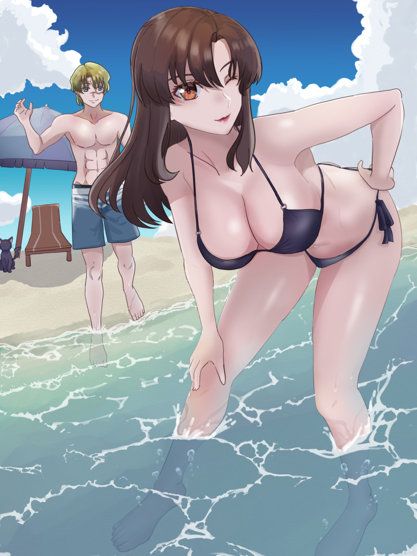 1boy, 1girl, beach, bent_over, bikini, blonde_hair, blue_eyes, breasts