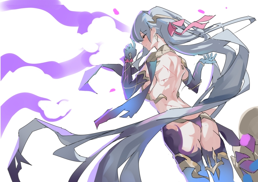 1girl, arched_back, armor, ass, bare_back, bikini, bikini_armor, breasts, bruise, bruise_on_back, cuts, detached_sleeves, evzeva, fate/grand_order, fate_(series), floating_hair, grey_hair, highres, injury, kama_(adult)_(fate), kama_(assassin)_(third_ascension)_(fate), kama_(fate), kama_(third_ascension)_(fate), long_hair, sideboob, simple_background, solo, swimsuit, thighhighs, type-moon, upper_body, very_long_hair, white_background