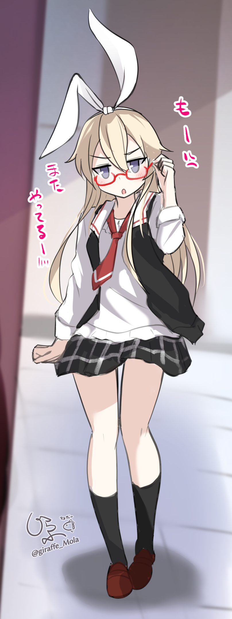 1girl, animal_ears, black_skirt, blonde_hair, blue_eyes, blush, breasts, commentary_request