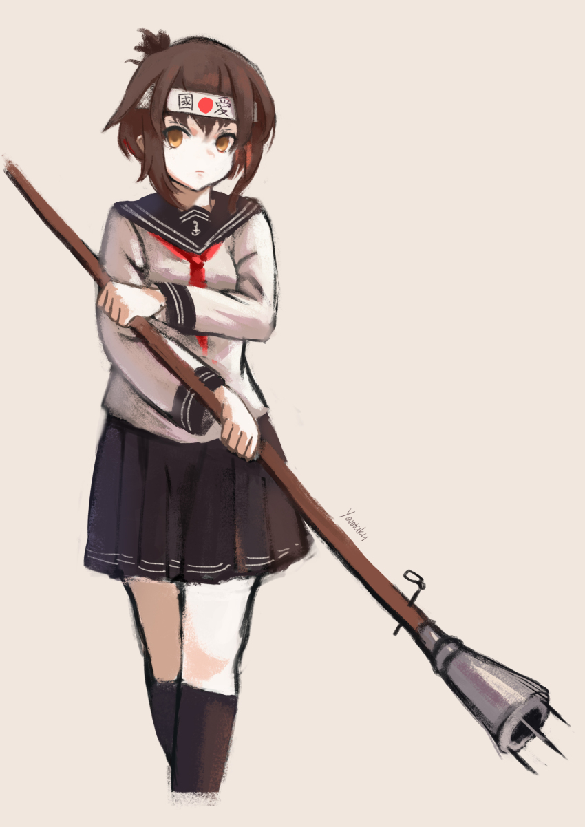 1girl, absurdres, black_socks, brown_eyes, brown_hair, headband, highres, imperial_japanese_navy