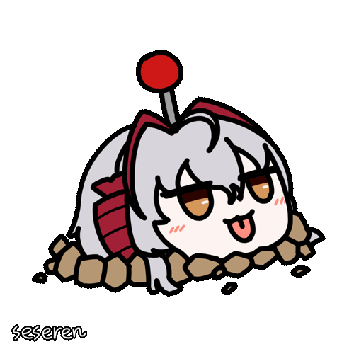 1girl, :p, animated, animated_gif, antenna_hair, arknights, artist_name, chibi, chibi_only, demon_horns, grey_hair, horns, lowres, orange_eyes, parody, partially_buried, plants_vs._zombies, potato_mine_(plants_vs._zombies), red_horns, seseren, short_hair, simple_background, solo, tongue, tongue_out, transparent_background, w_(arknights), wis'adel_(arknights)