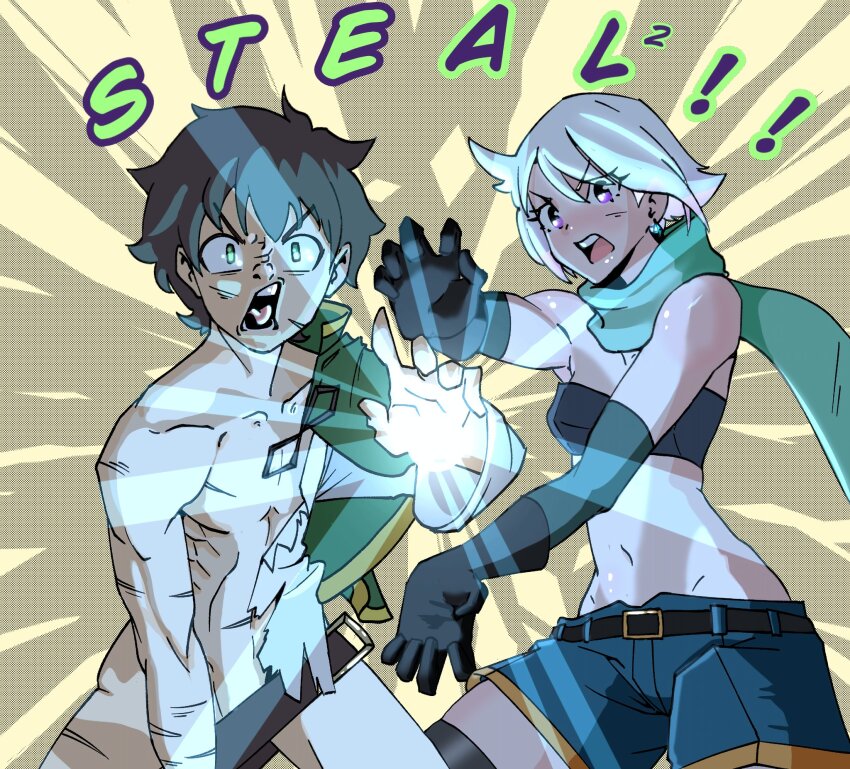 1boy, 1girl, angry, bare_shoulders, brown_hair, bruise, bruise_on_arm, bruised_chest