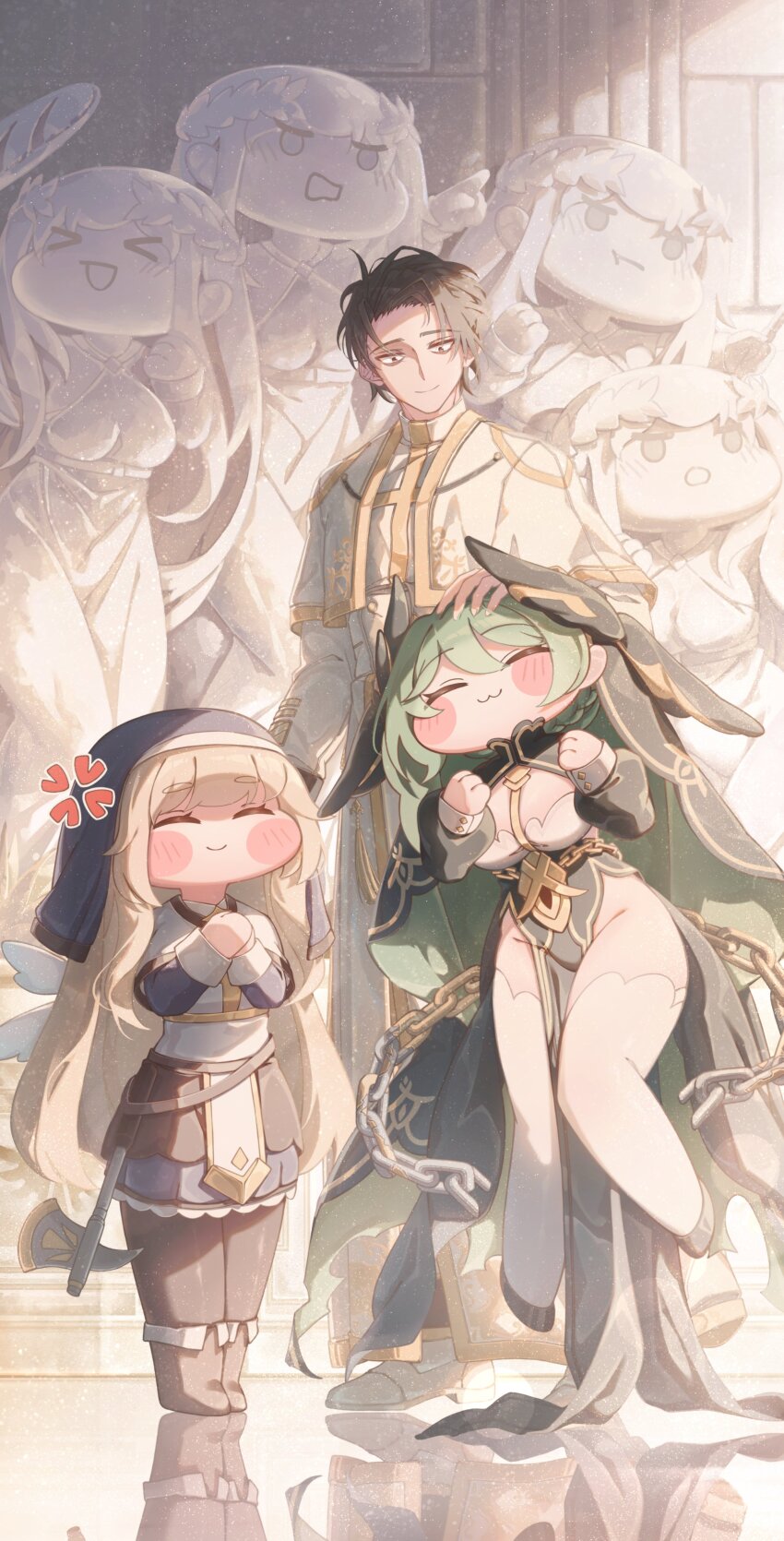 1boy, 2girls, :3, absurdres, anger_vein, black_eyes, black_hair, blitz_predator