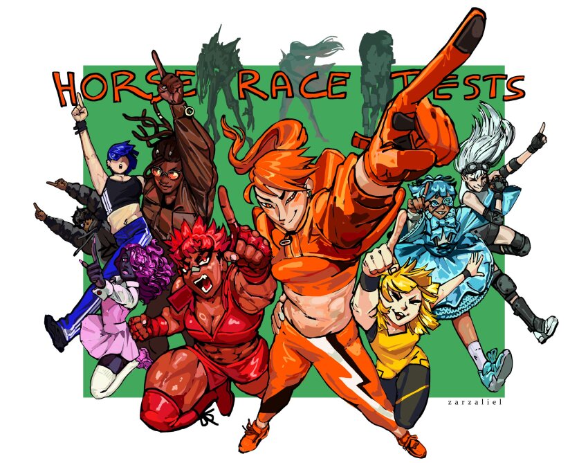 6+girls, a_mysterious_figure, black_hair, blonde_hair, blue_dress, blue_eyes, blue_hair, bow