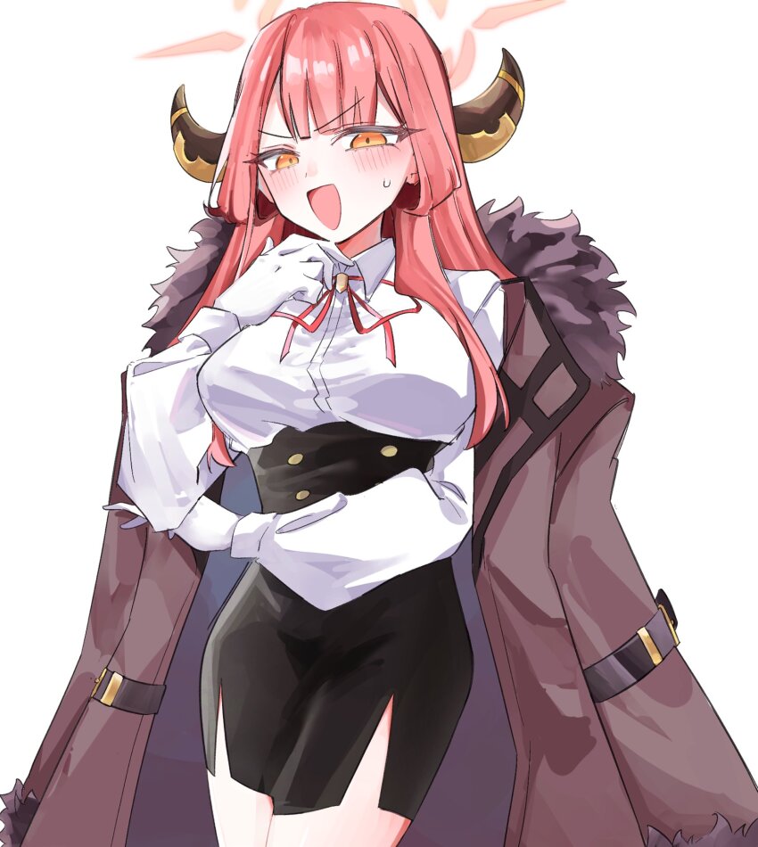 1girl, aru_(blue_archive), black_skirt, blue_archive, blush, breasts, highres, horns