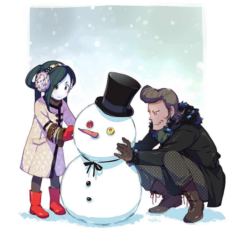 1boy, 1girl, :q, aged_down, alternate_costume, ankle_boots, artist_name, baptistin_(gankutsuou)