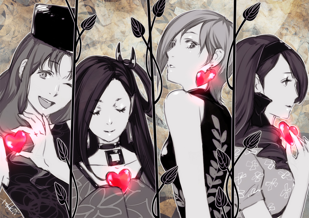 1boy, 3girls, ;d, artist_name, bare_shoulders, breasts, choker, closed_eyes, closed_mouth, column_lineup, commentary_request, crossdressing, earrings, eugenie_danglars_(gankutsuou), floral_print, gankutsuou, greyscale, hairband, hat, haydee_(gankutsuou), heart, heart_earrings, holding, holding_heart, jewelry, long_hair, looking_at_viewer, looking_to_the_side, monochrome, multiple_girls, one_eye_closed, open_mouth, parted_lips, peppo, plant, profile, short_hair, short_sleeves, small_breasts, smile, spot_color, teeth, tokkiii, trap, upper_teeth_only, valentine_de_villefort(gankutsuou)