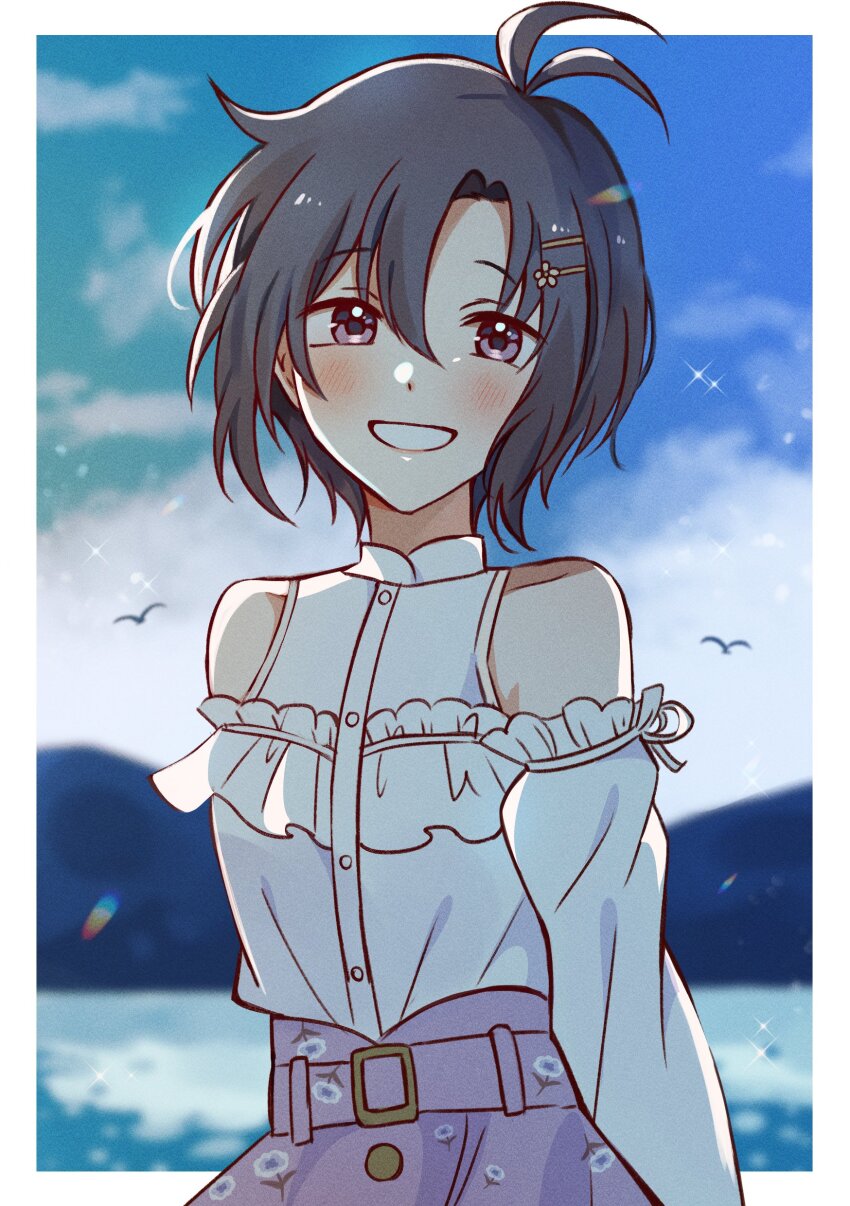 absurdres, alternate_hairstyle, antenna_hair, bird, black_hair, blurry, depth_of_field, des_(desoowee)