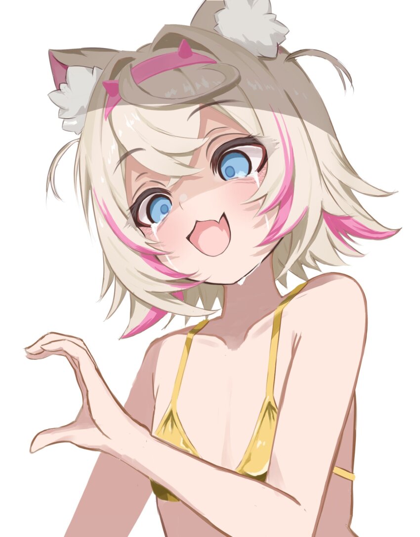 1girl, animal_ear_fluff, animal_ears, bikini, blonde_hair, blue_eyes, commentary, crying