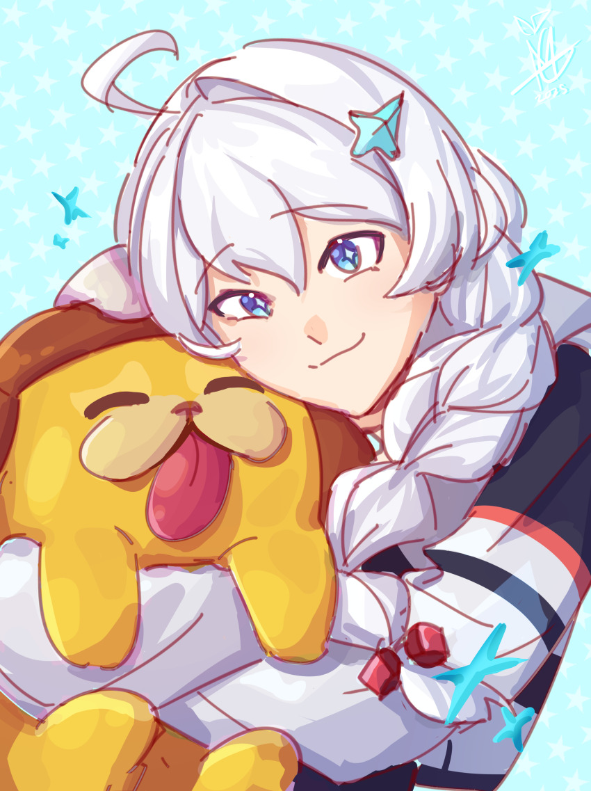 1girl, absurdres, ahoge, blue_eyes, braid, commentary, creature, english_commentary