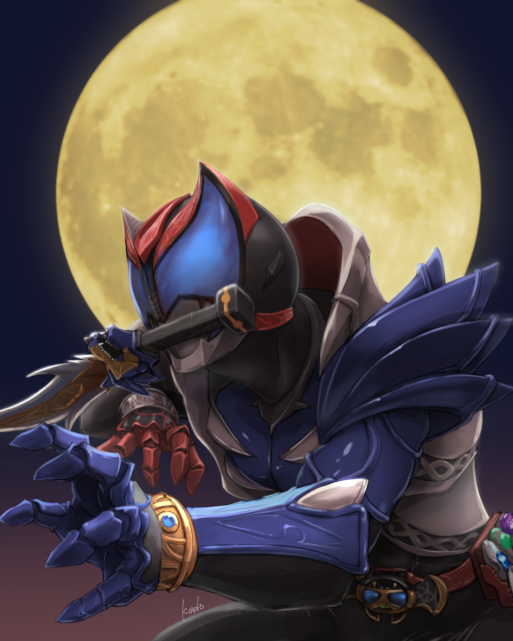 1boy, armor, artist_name, black_bodysuit, blue_armor, blue_eyes, bodysuit, chain, compound_eyes, full_moon, garulu_saber, highres, kamen_rider, kamen_rider_kiva, kamen_rider_kiva_(garulu_form), kamen_rider_kiva_(series), kivat_belt, kyuri_bakuhatu, male_focus, moon, mouth_hold, multicolored_armor, open_hands, simple_background, standing, upper_body