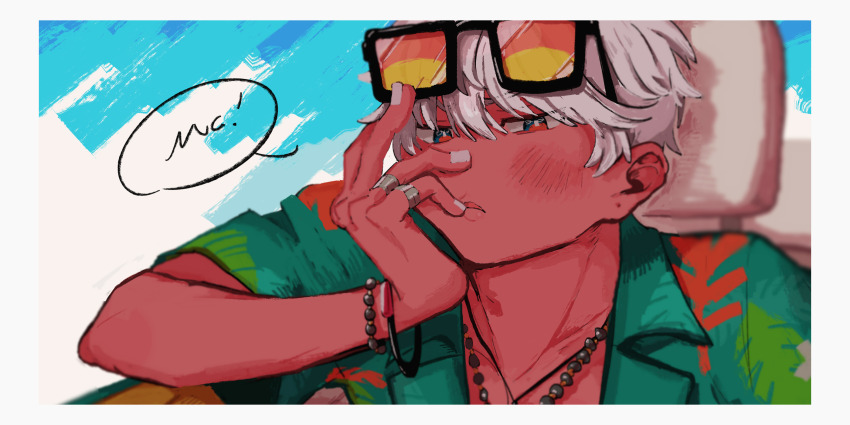 1boy, bead_bracelet, bead_necklace, beads, blue_eyes, blue_sky, blush, border