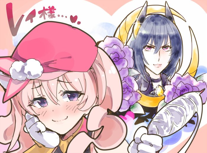 2girls, beret, blue_hair, blush, closed_mouth, commentary, flower, gloves