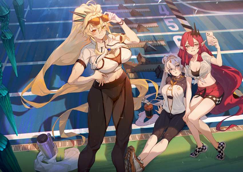 3girls, arm_support, artistic_error, baobhan_sith_(fate), baobhan_sith_(morgan_stadium)_(fate), barghest_(fate), barghest_(morgan_stadium)_(fate), blonde_hair
