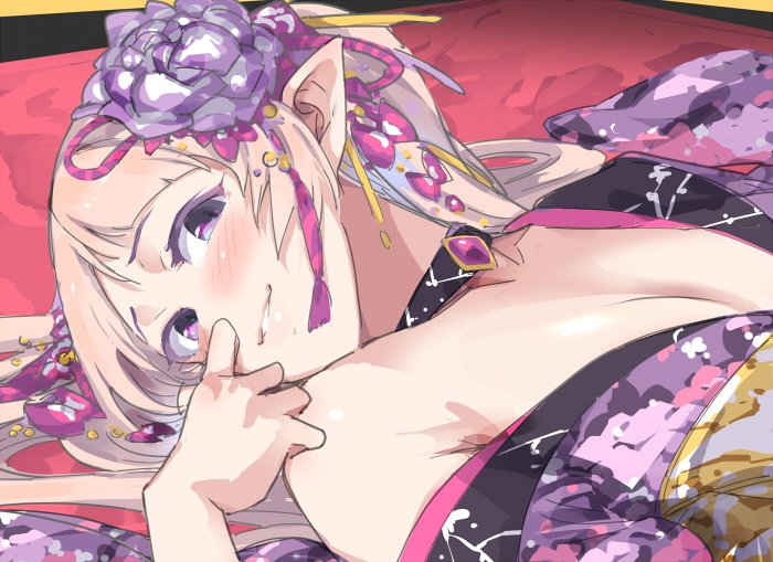 1boy, armpit_crease, bare_shoulders, black_choker, blush, breasts, choker, cleavage