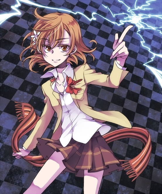 brown_eyes, brown_hair, electricity, electrokinesis, hair_ornament, hairpin, misaka_mikoto, scarf, school_uniform, skirt, spring_water, toaru_kagaku_no_railgun, toaru_majutsu_no_index