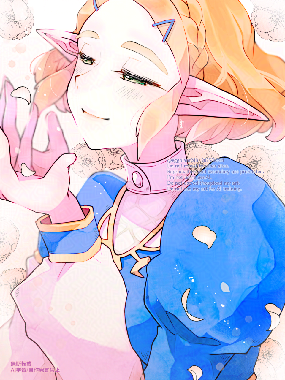 1girl, blonde_hair, blue_shirt, braid, closed_mouth, crown_braid, eggplant24h, half-closed_eyes