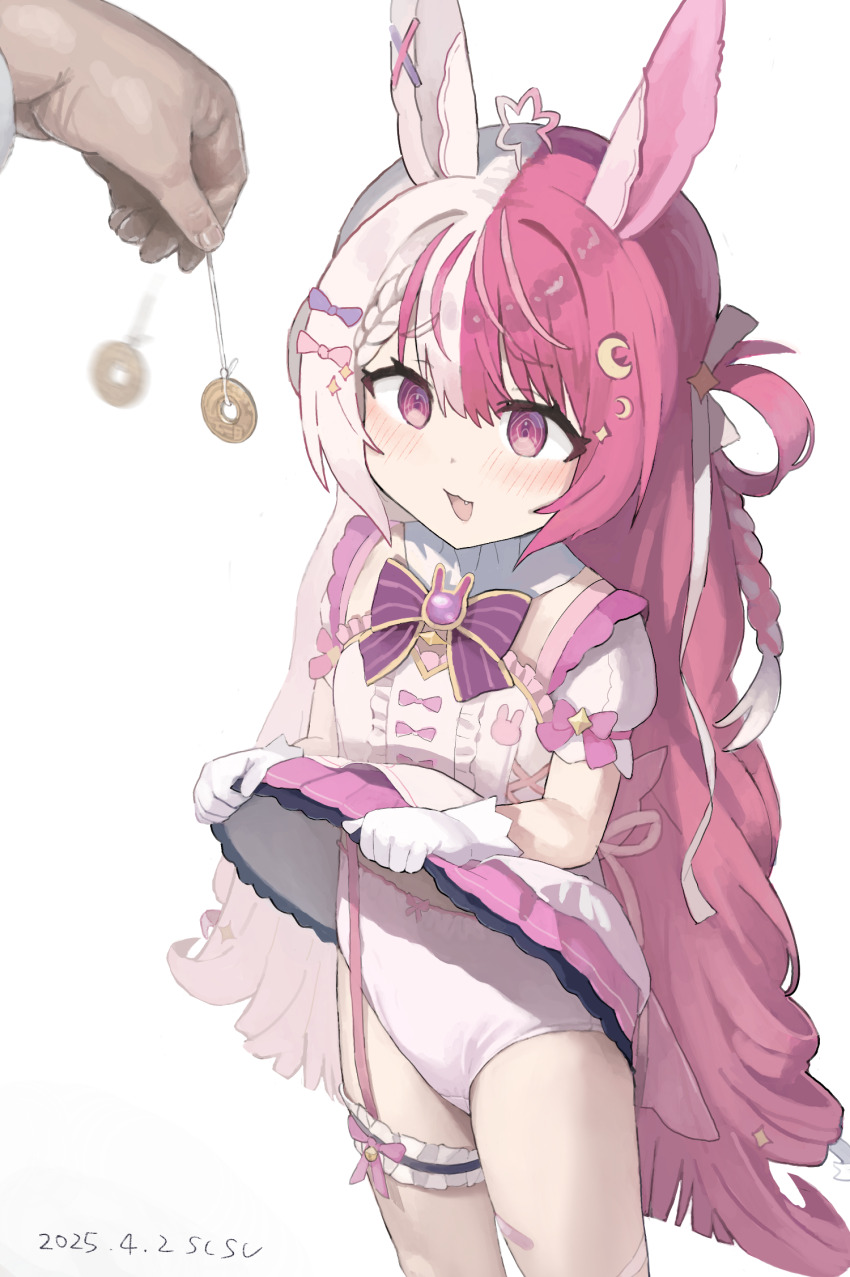 1girl, :3, :d, @_@, animal_ears, artist_name, bandaid, bandaid_on_leg, blush, bow, bowtie, braid, brooch, center_frills, chromashift, clothes_lift, coin, coin_on_string, commentary_request, commission, cowboy_shot, crescent, crescent_hair_ornament, dated, dress, dress_bow, dress_lift, fang, frilled_dress, frilled_thigh_strap, frills, frown, garter_straps, gloves, hair_ornament, hair_ribbon, hair_rings, highres, holding, holding_pendulum, holed_coin, hypnosis, jewelry, lalabell_lullaby, lifting_own_clothes, long_hair, magical_girl, mind_control, multicolored_hair, open_mouth, panties, pendulum, pink_eyes, pink_hair, pink_trim, pov, pov_hands, puffy_short_sleeves, puffy_sleeves, purple_bow, purple_bowtie, rabbit_brooch, rabbit_ears, rabbit_girl, ribbon, short_sleeves, simple_background, single_garter_strap, skeb_commission, smile, solo, sparkle_hair_ornament, split-color_hair, star_ahoge, susu_(ysy), thigh_strap, underwear, very_long_hair, virtual_youtuber, white_background, white_gloves, white_hair, white_panties, white_ribbon