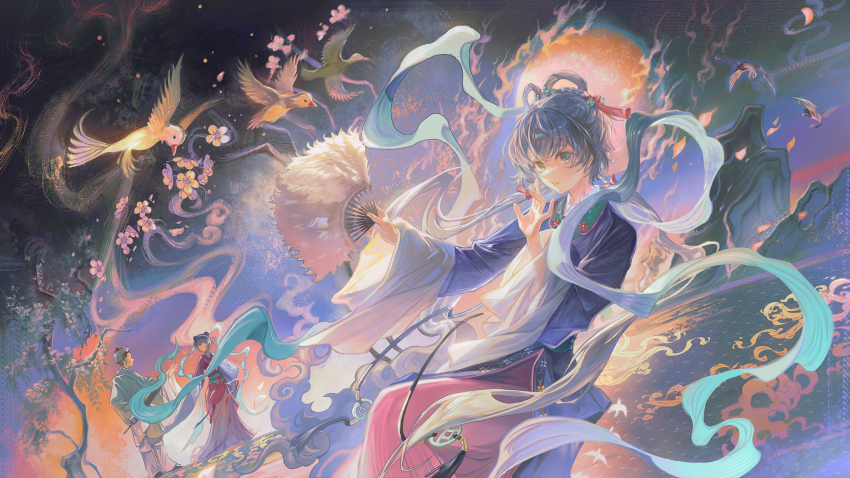 1boy, 2girls, bird, black_hair, black_sandals, blue_hanfu, bow, bow-shaped_hair