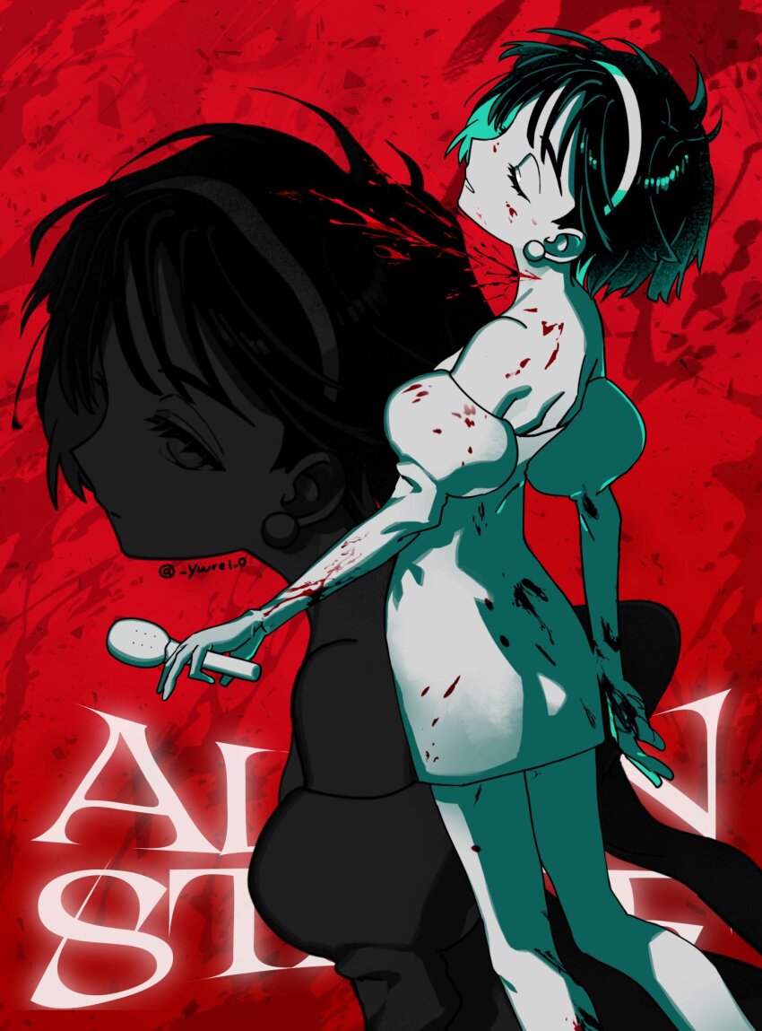 1girl, alien_stage, blood, blood_from_neck, blood_on_clothes, blood_spray, bob_cut, closed_eyes