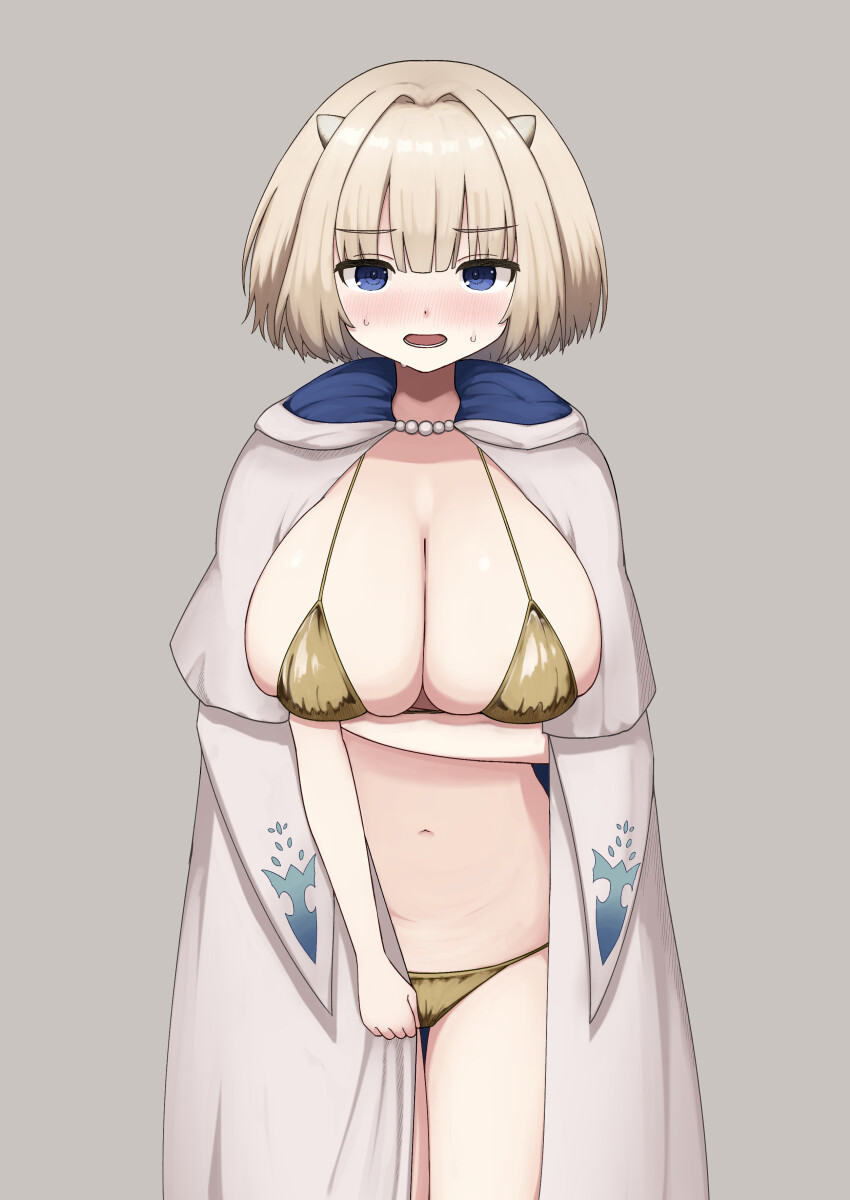 1girl, absurdres, arm_under_breasts, bikini, blue_eyes, blush, breasts, brown_dust_(series)