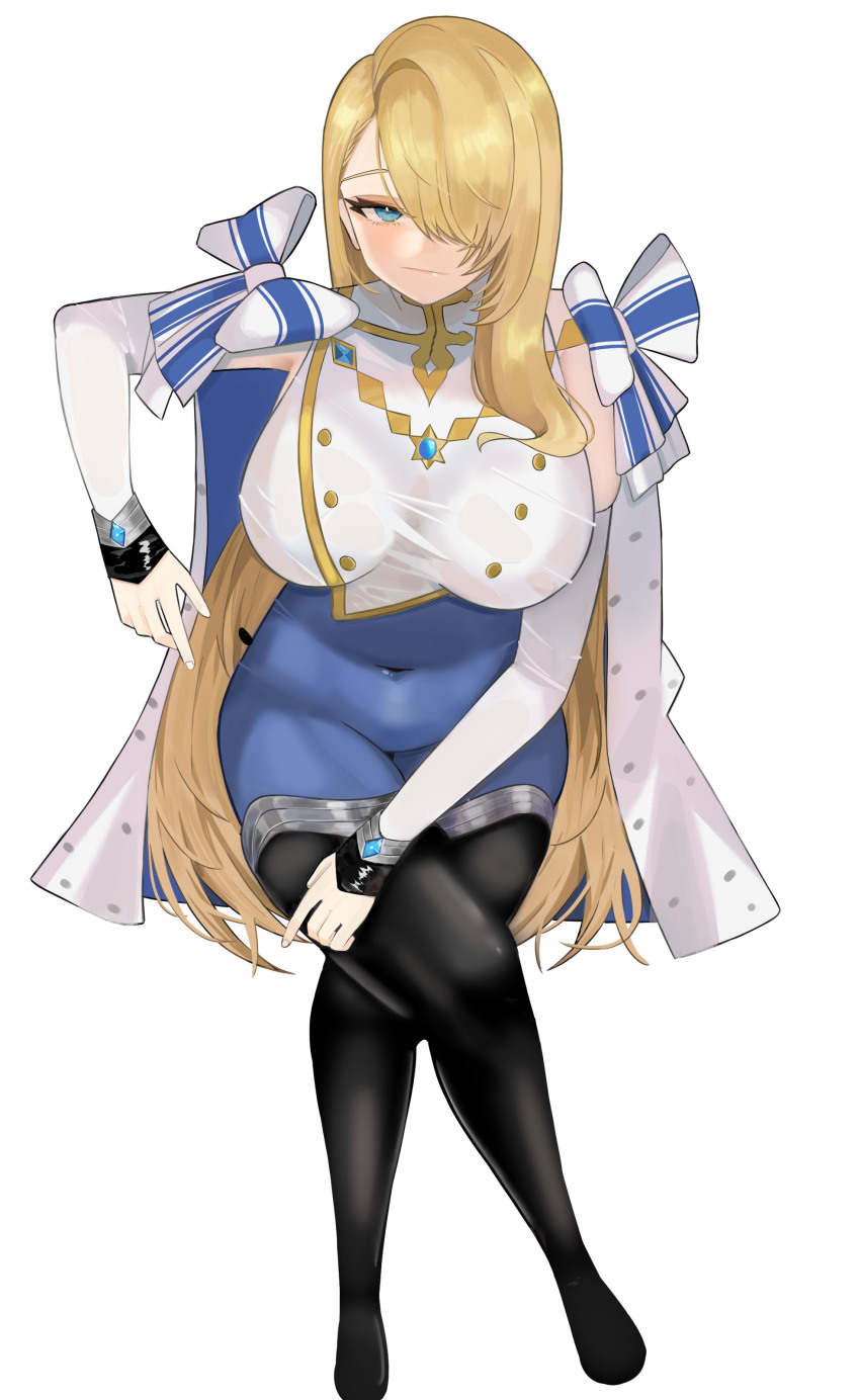 1girl, absurdres, artist_request, black_boots, blonde_hair, blue_eyes, bodystocking, boots