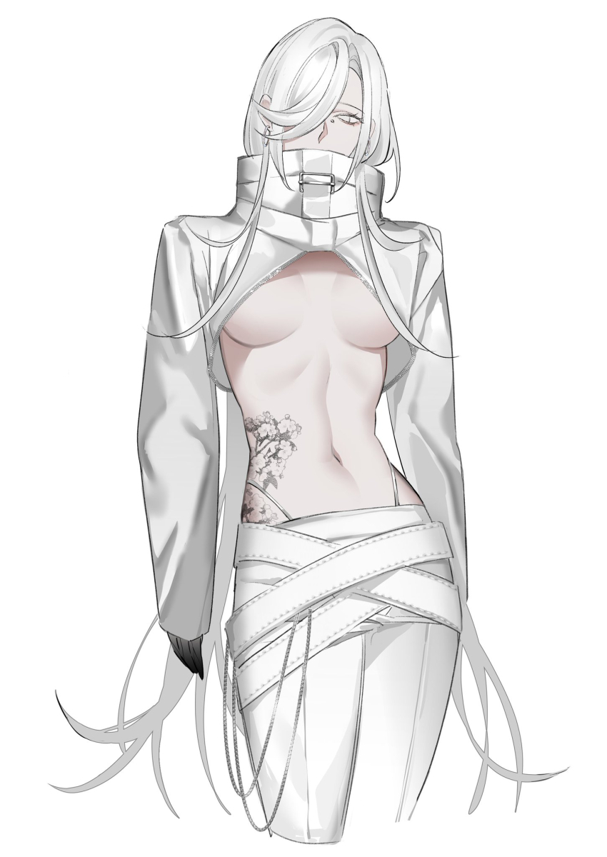 1girl, absurdly_long_hair, belt, black_gloves, breasts, buckle, covered_mouth, cropped_legs