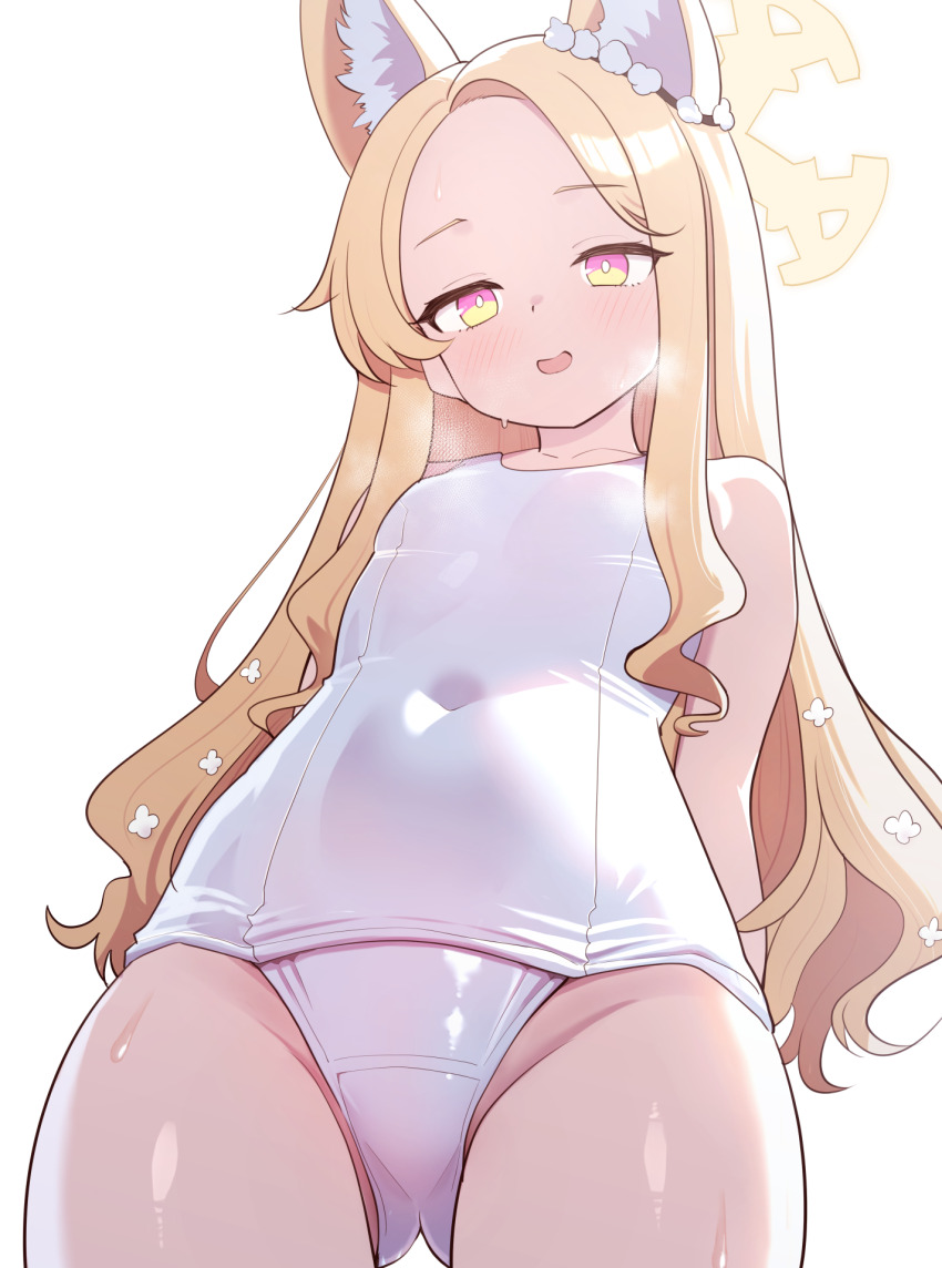1girl, animal_ears, arms_behind_back, blonde_hair, blue_archive, blush, commentary_request, covered_navel, cowboy_shot, cross_halo, flat_chest, fox_ears, fox_girl, from_below, gradient_eyes, hair_ornament, halo, highres, light_smile, loli, long_hair, moredetale, multicolored_eyes, one-piece_swimsuit, open_mouth, pink_eyes, school_swimsuit, seia_(blue_archive), swimsuit, white_background, white_one-piece_swimsuit, yellow_eyes, yellow_halo