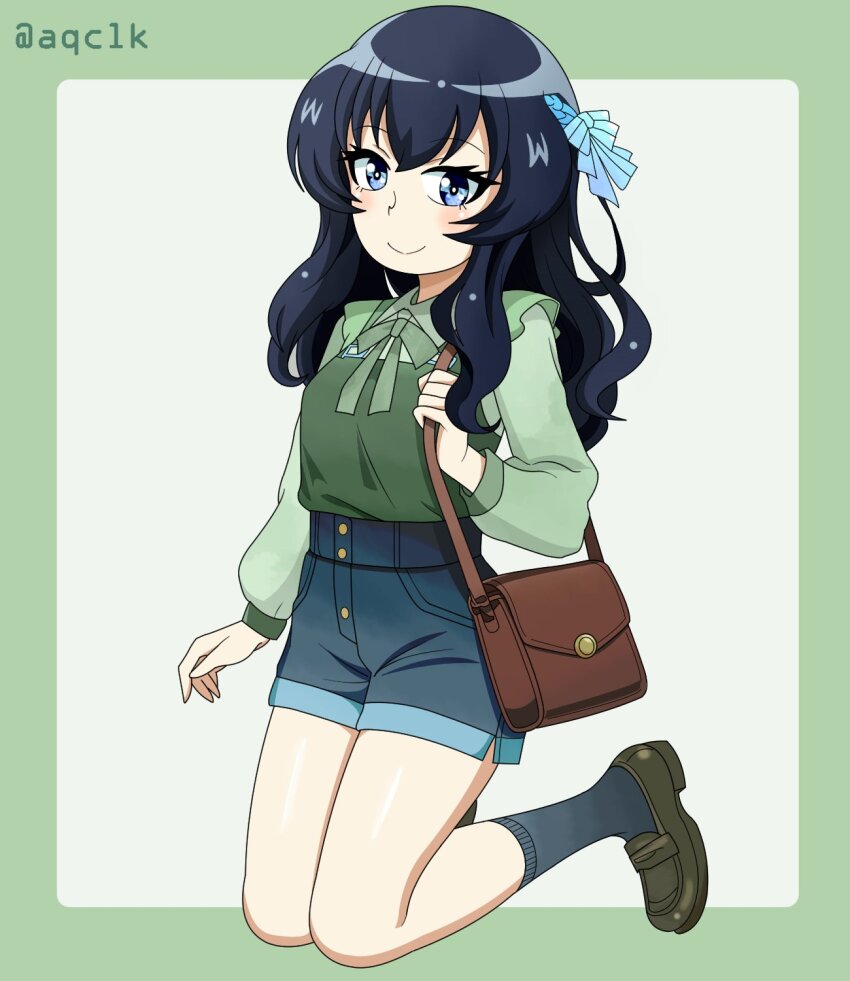 1girl, alternate_costume, aqclk, bag, blue_eyes, blue_hair, brown_bag, brown_shoes