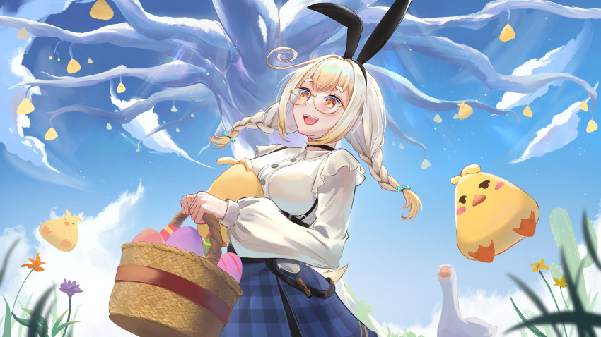 1girl, absurdres, animal_ear_hairband, animal_ears, aqua_bow, basket, bird, blonde_hair