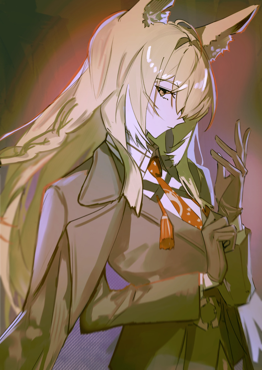 1girl, absurdres, ahoge, animal_ear_fluff, arknights, black_coat, black_gloves, black_suit