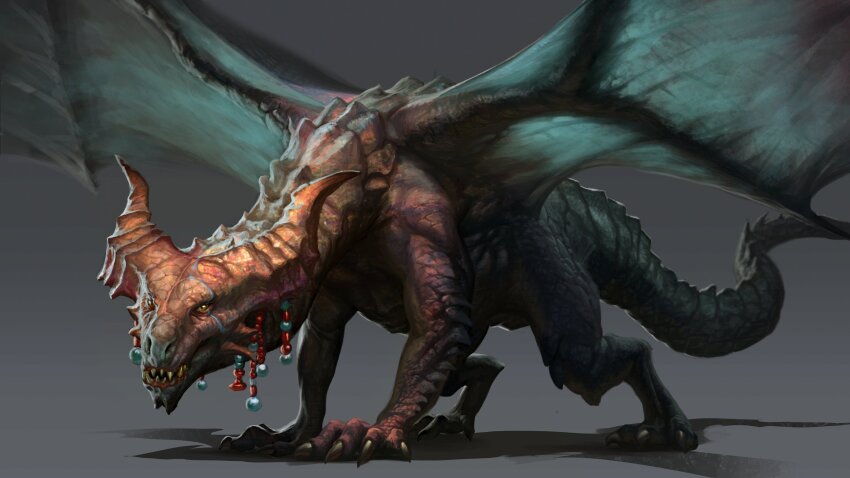 dragon, gradient_background, grey_background, highres, horns, looking_at_viewer, nikita_kapitunov, no_humans