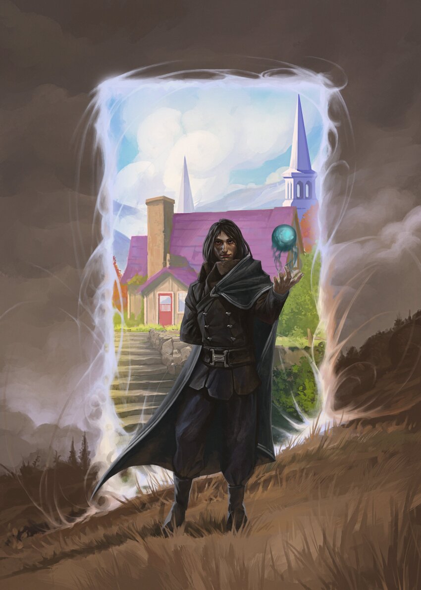 1boy, absurdres, black_boots, black_cloak, black_hair, black_jacket, black_pants, boots, cloak, fantasy, grass, grey_sky, highres, house, jacket, looking_at_viewer, magic, nikita_kapitunov, orb, original, pants, portal_(object), sky, solo, standing