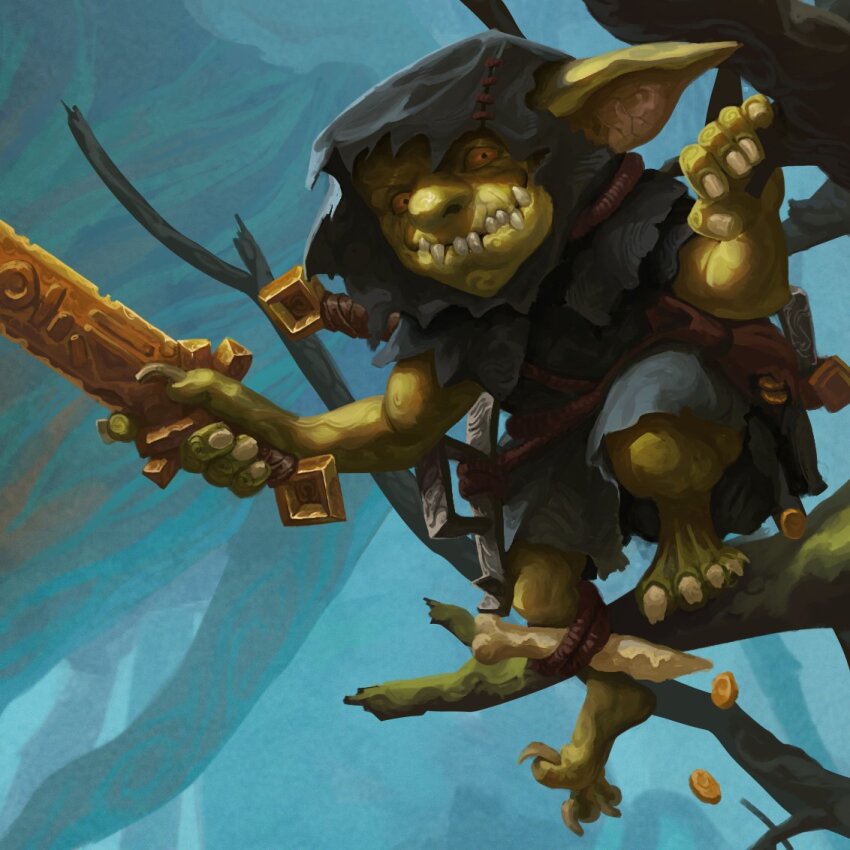 1boy, black_hood, colored_skin, goblin, green_skin, holding, holding_sword, holding_weapon