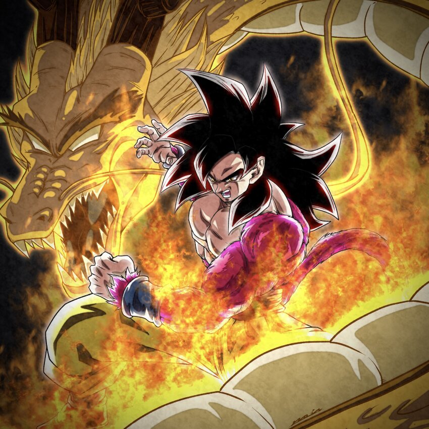 1boy, absurdres, black_hair, blue_sash, body_fur, clenched_hands, dougi, dragon